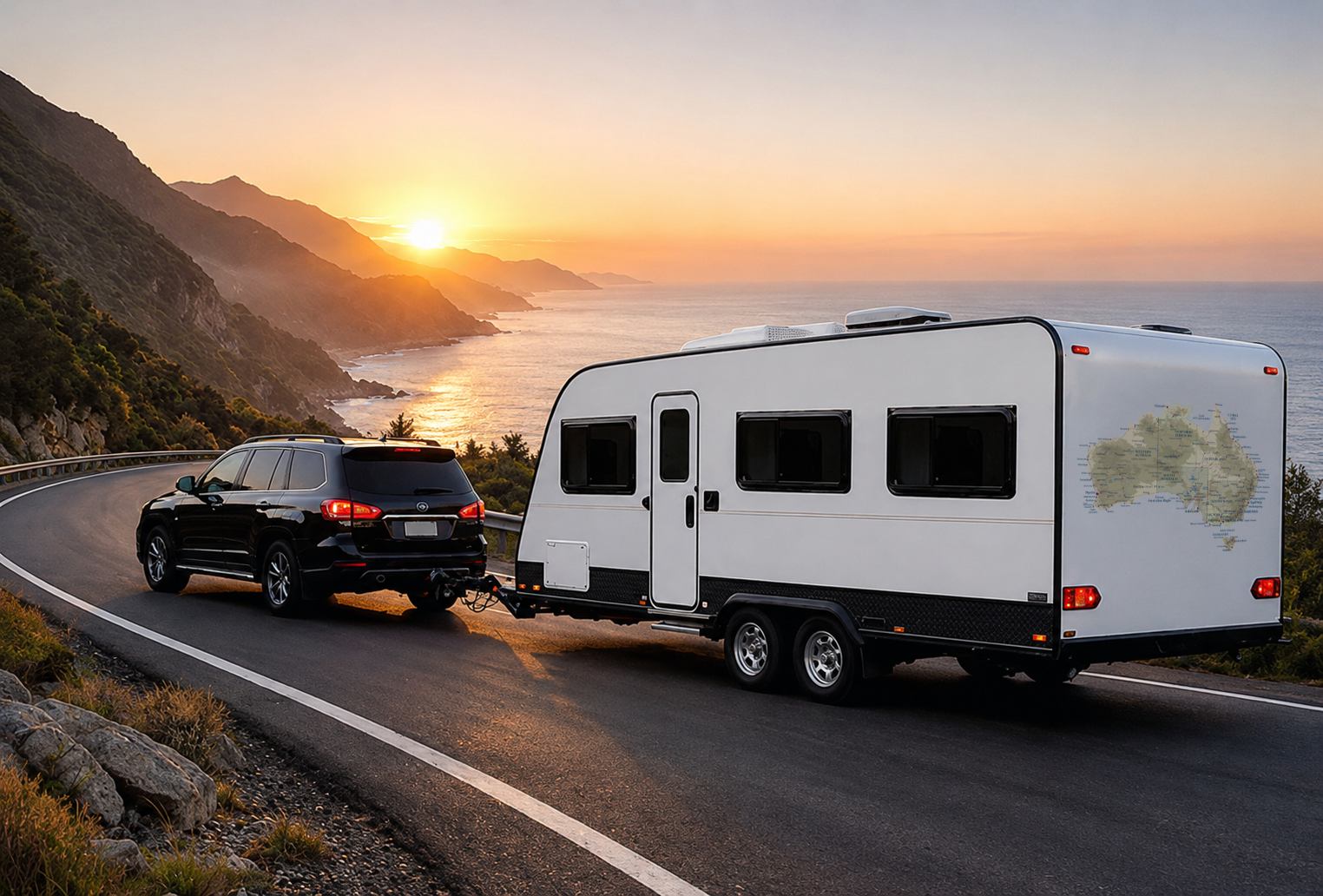 Caravan with ELZWHERE Discovery map decal driving on an Australian road