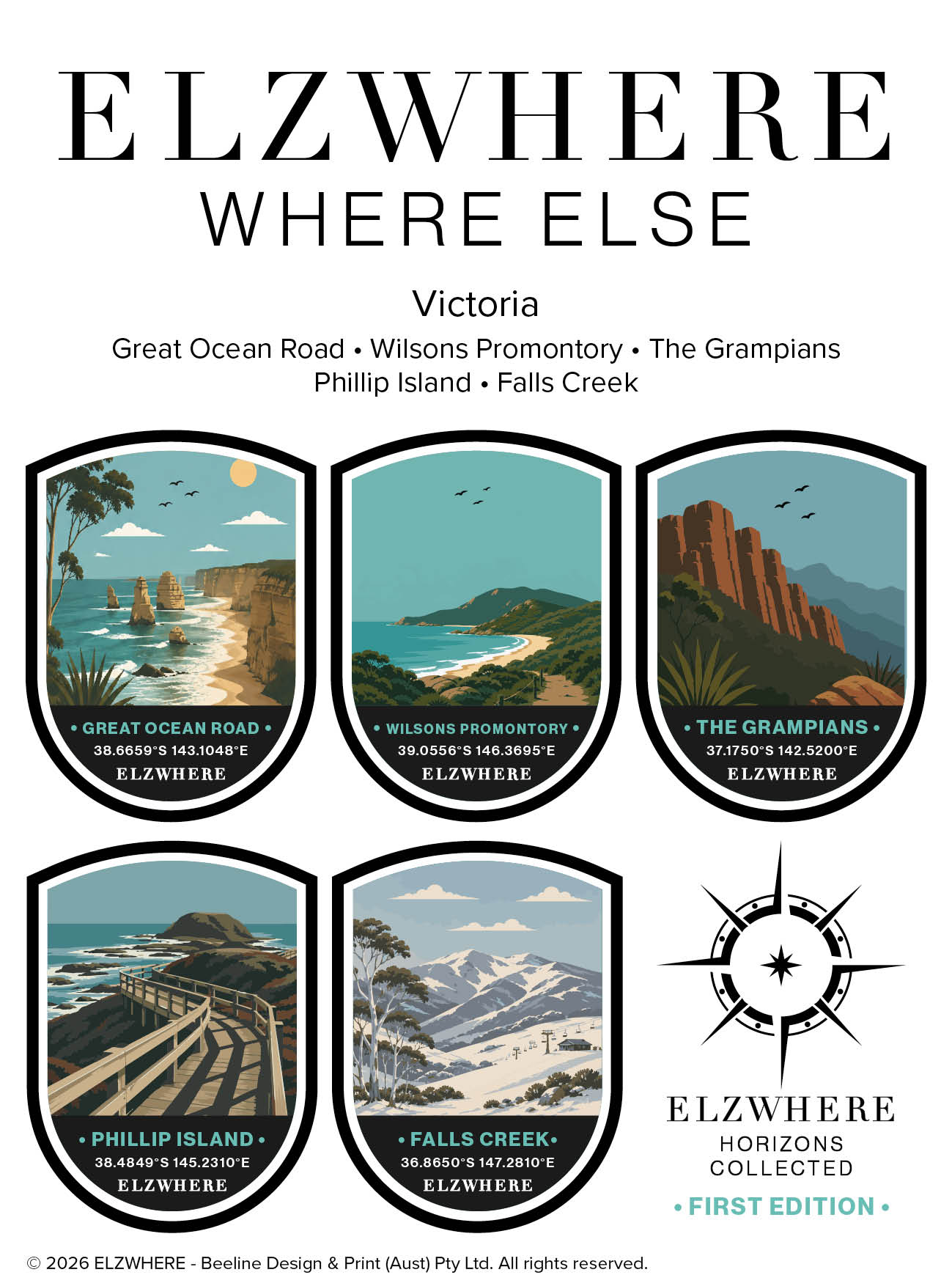ELZWHERE destination sticker sheet Victoria First Edition, five landmark badges featuring Great Ocean Road, Wilsons Promontory, The Grampians, Phillip Island and Falls Creek with GPS coordinates