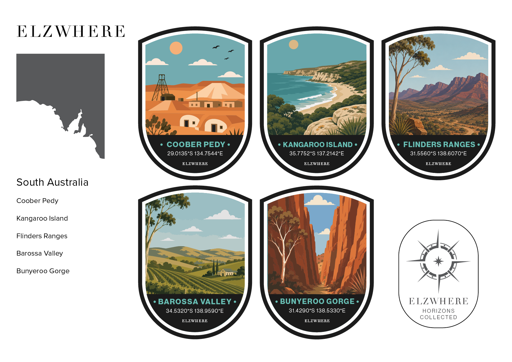 ELZWHERE destination sticker sheet featuring South Australia landmarks