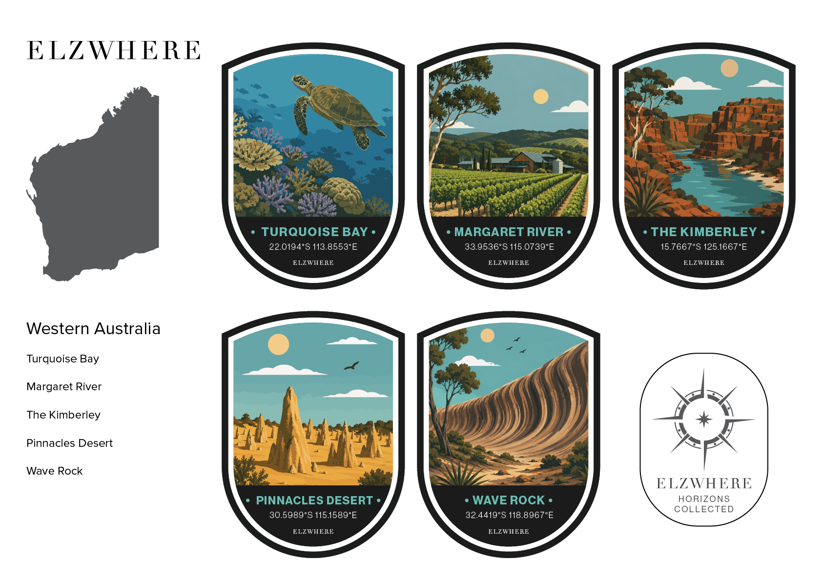 ELZWHERE destination sticker sheet featuring Western Australia landmarks