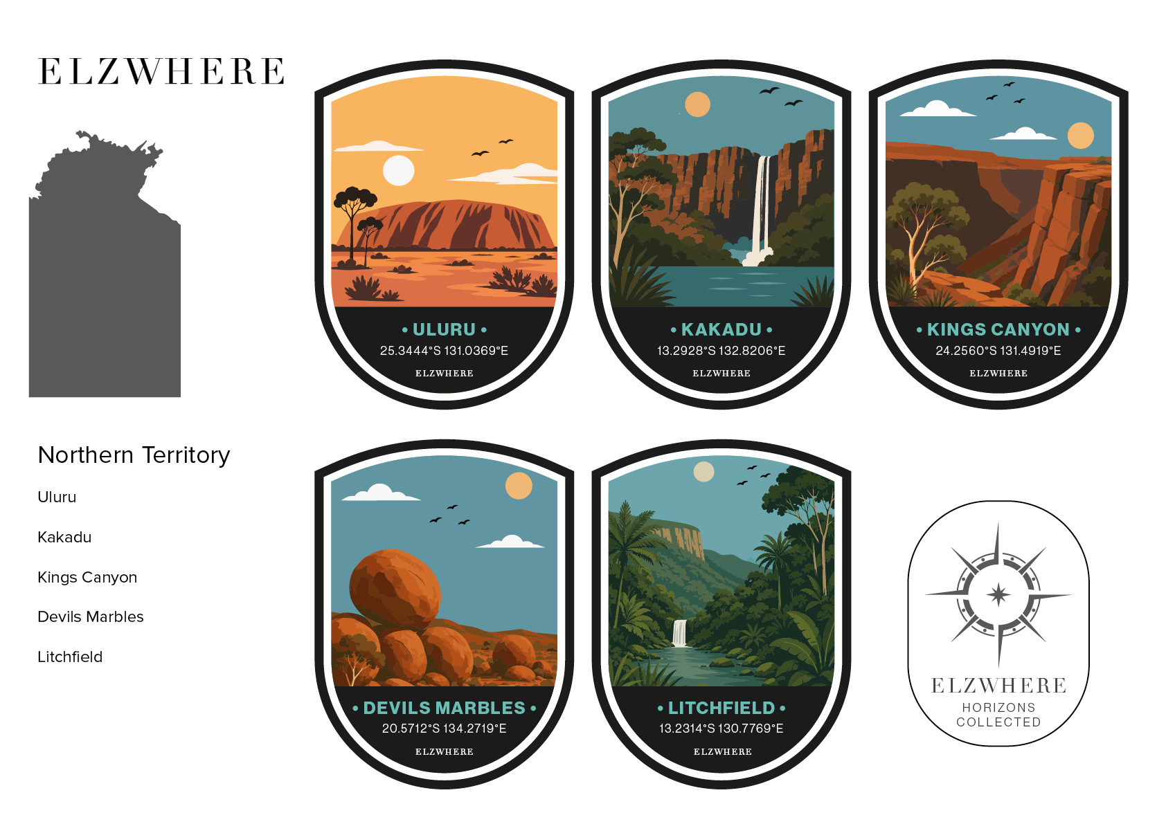 ELZWHERE destination sticker sheet featuring Northern Territory landmarks