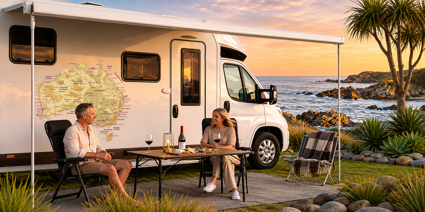 Couple enjoying wine beside their caravan with ELZWHERE map decal at a seaside campsite