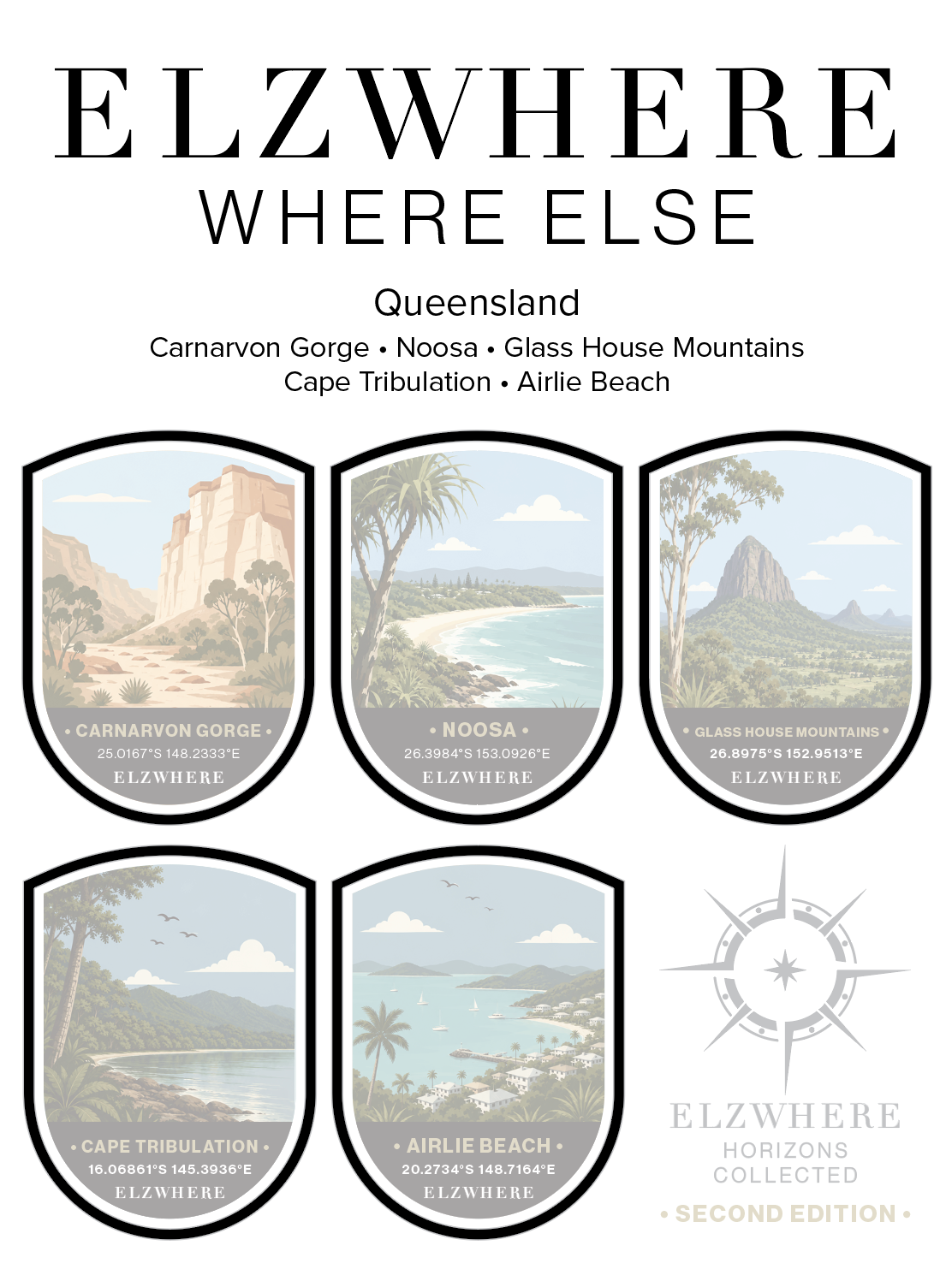 ELZWHERE Second Edition coming soon. Compass logo badge announcing new destination sticker sheets