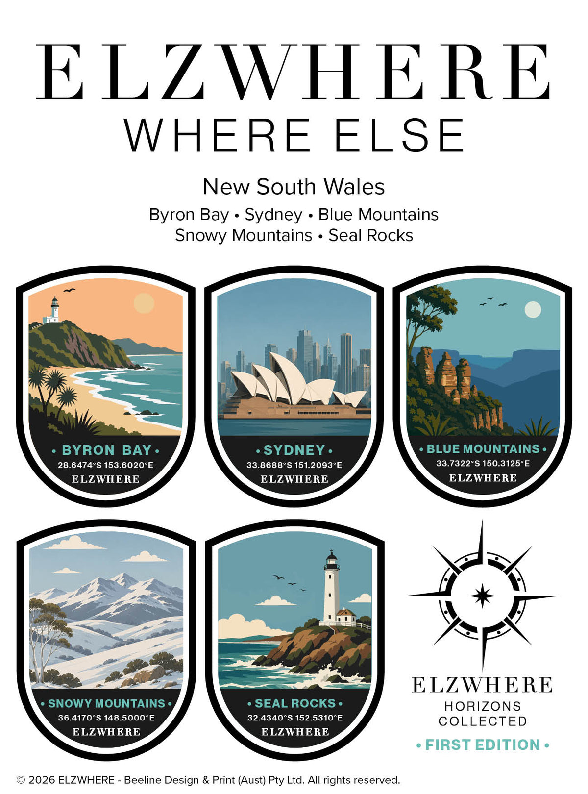ELZWHERE destination sticker sheet New South Wales First Edition, five landmark badges featuring Byron Bay, Sydney, Blue Mountains, Snowy Mountains and Seal Rocks with GPS coordinates