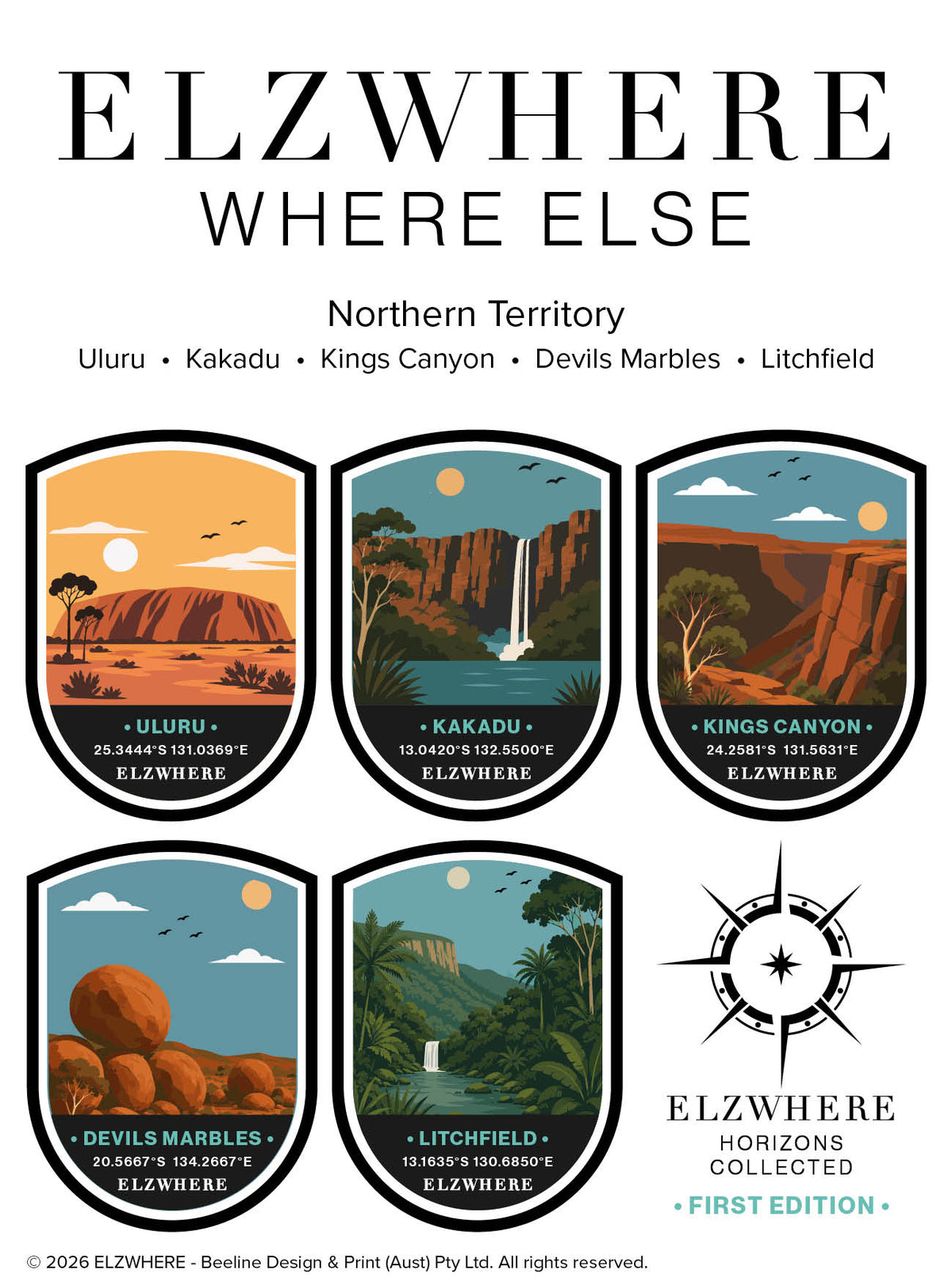 ELZWHERE destination sticker sheet Northern Territory First Edition, five landmark badges featuring Uluru, Kakadu, Kings Canyon, Devils Marbles and Litchfield with GPS coordinates