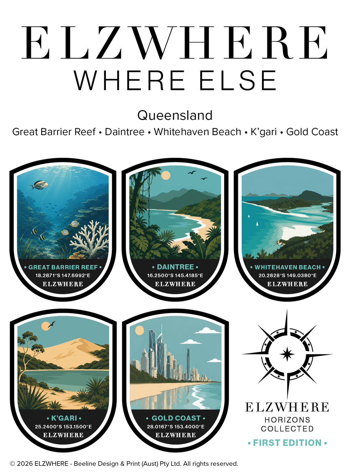 ELZWHERE destination sticker sheet Queensland First Edition, five landmark badges featuring Great Barrier Reef, Daintree, Whitehaven Beach, K'gari and Gold Coast with GPS coordinates