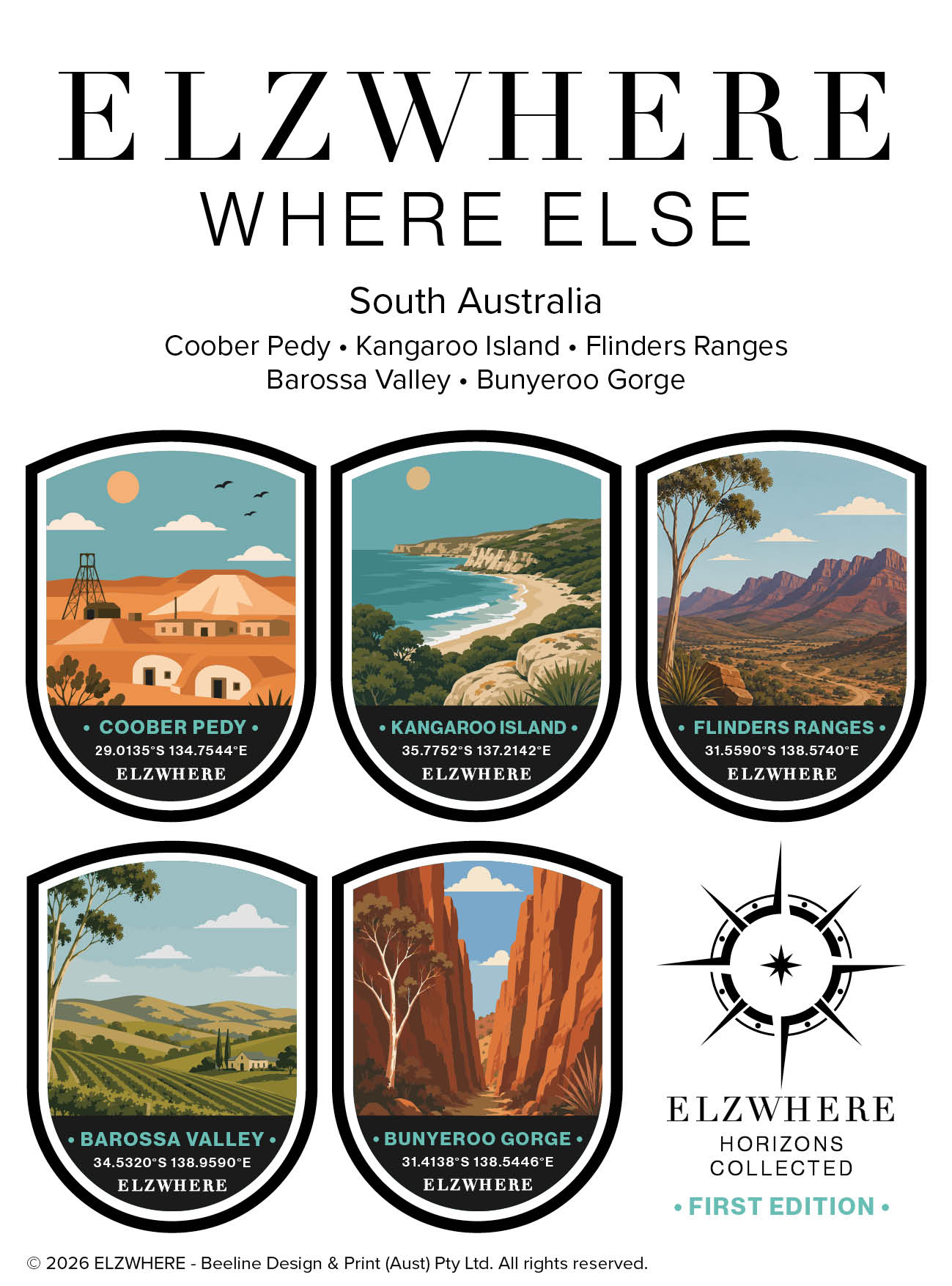 ELZWHERE destination sticker sheet South Australia First Edition, five landmark badges featuring Coober Pedy, Kangaroo Island, Flinders Ranges, Barossa Valley and Bunyeroo Gorge with GPS coordinates