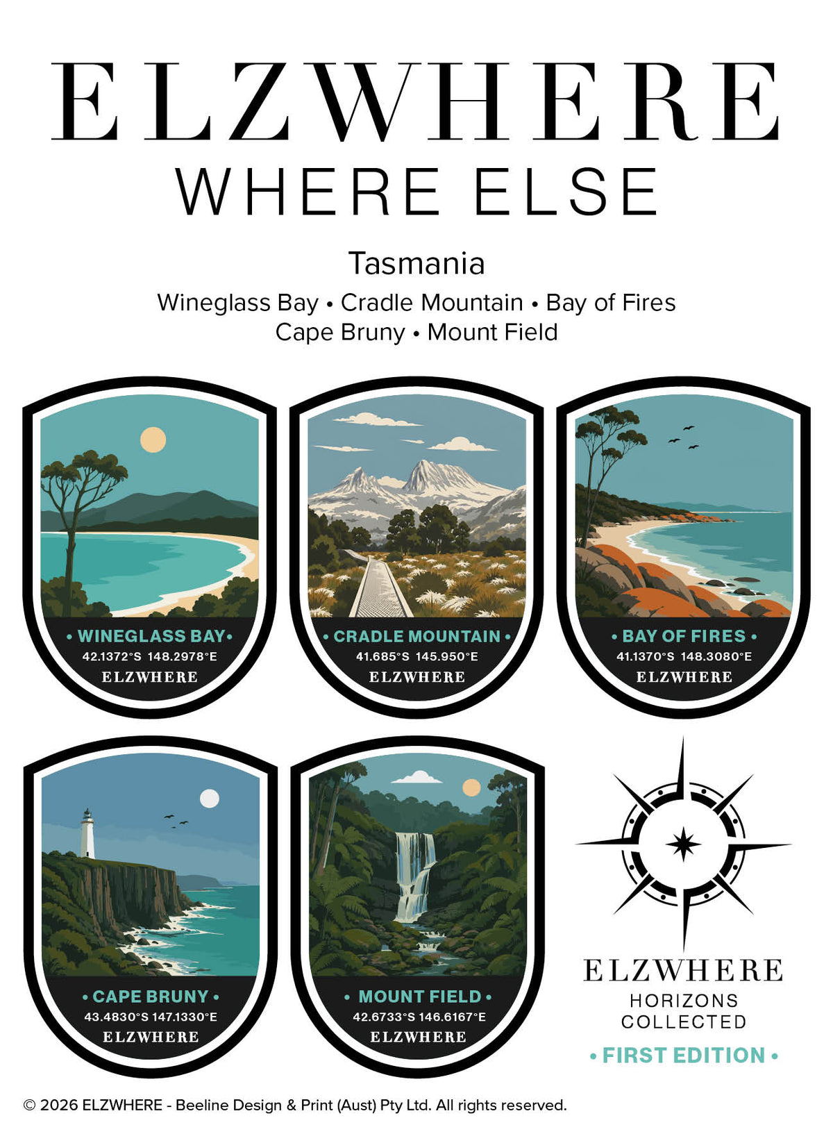ELZWHERE destination sticker sheet Tasmania First Edition, five landmark badges featuring Wineglass Bay, Cradle Mountain, Bay of Fires, Cape Bruny and Mount Field with GPS coordinates