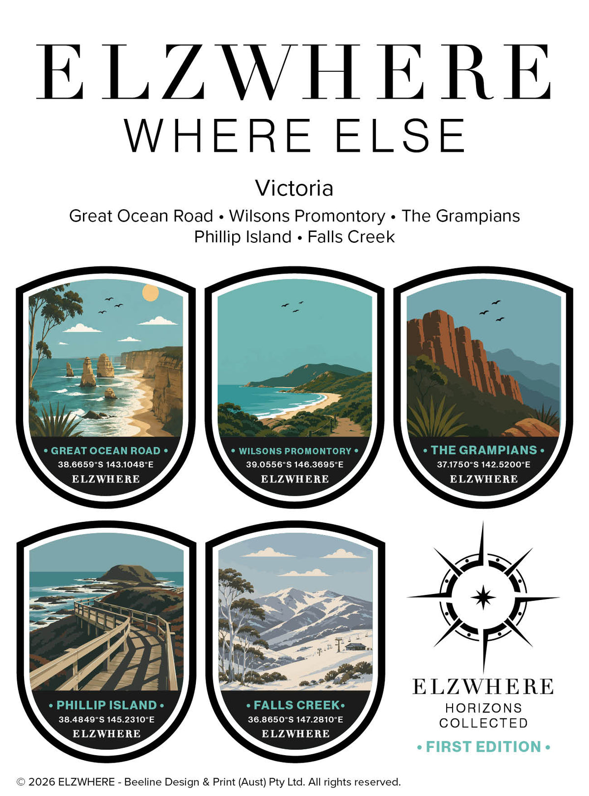 ELZWHERE destination sticker sheet Victoria First Edition, five landmark badges featuring Great Ocean Road, Wilsons Promontory, The Grampians, Phillip Island and Falls Creek with GPS coordinates