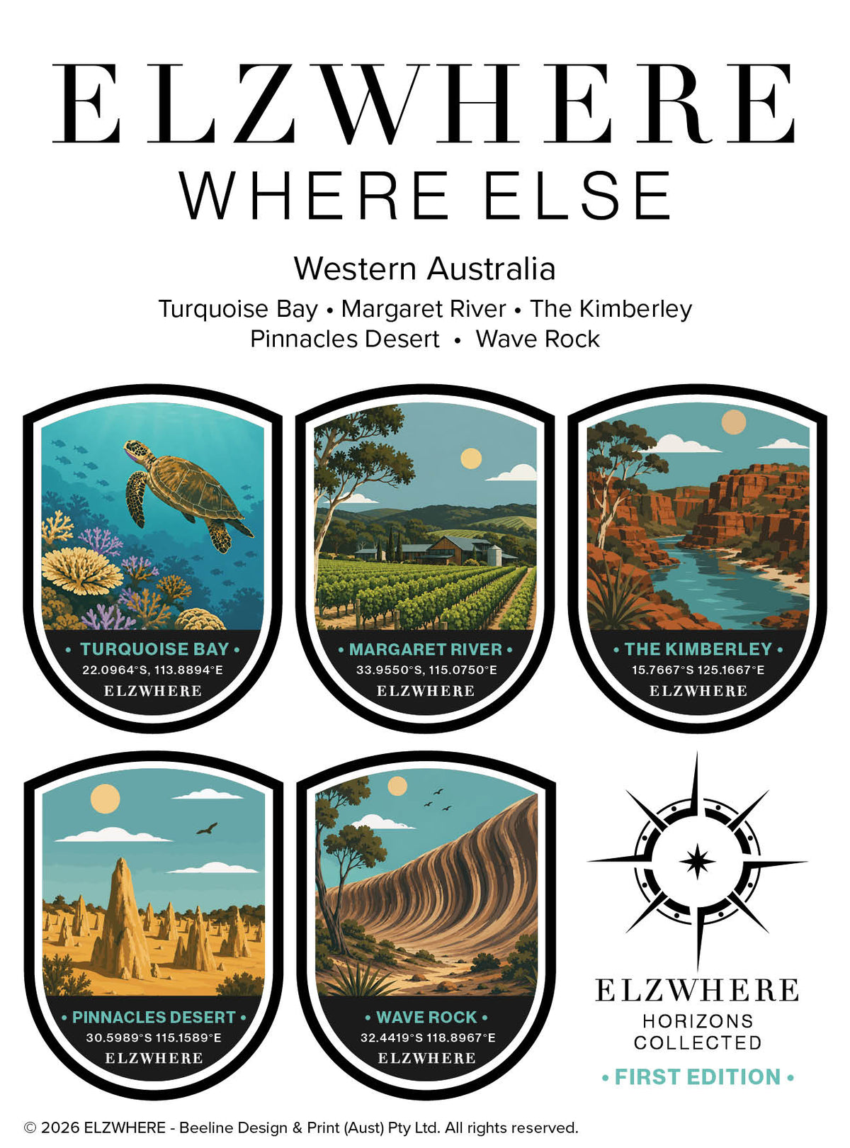 ELZWHERE destination sticker sheet Western Australia First Edition, five landmark badges featuring Turquoise Bay, Margaret River, The Kimberley, Pinnacles Desert and Wave Rock with GPS coordinates
