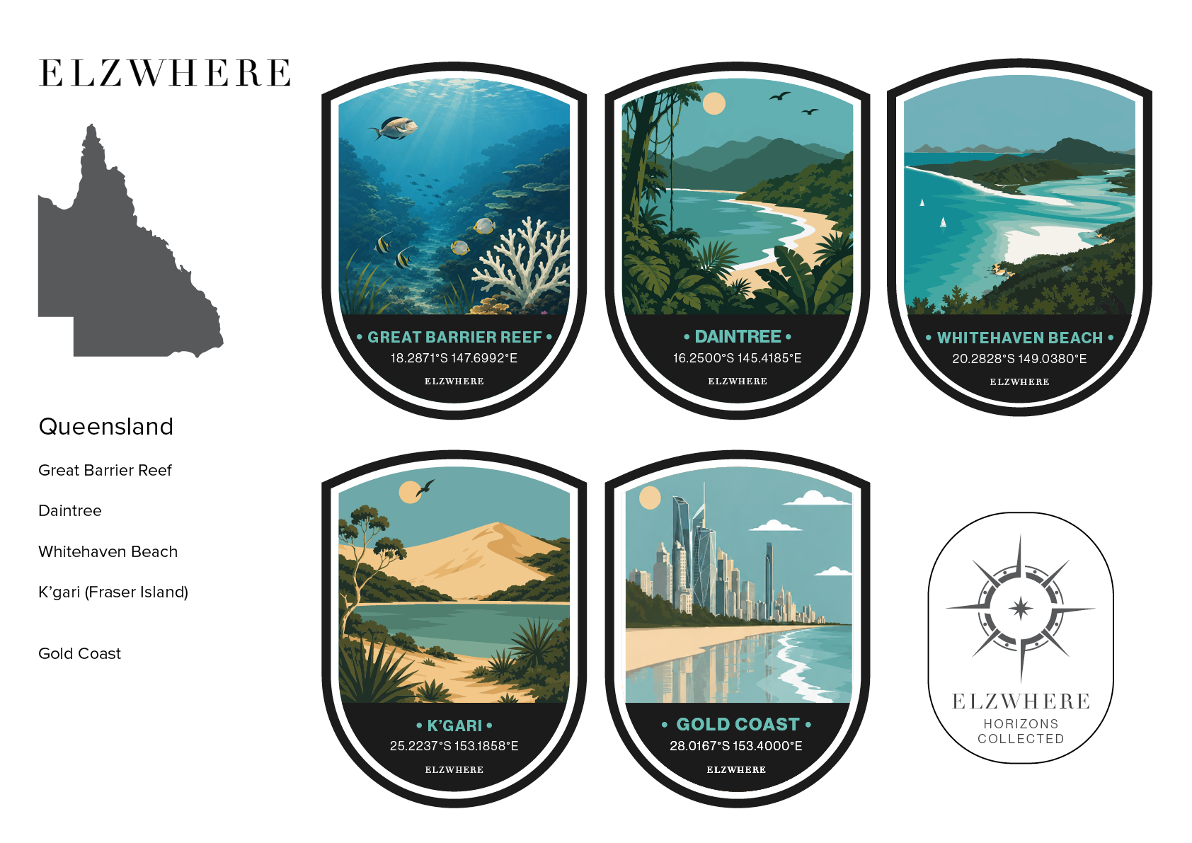 ELZWHERE destination sticker sheet featuring Queensland landmarks