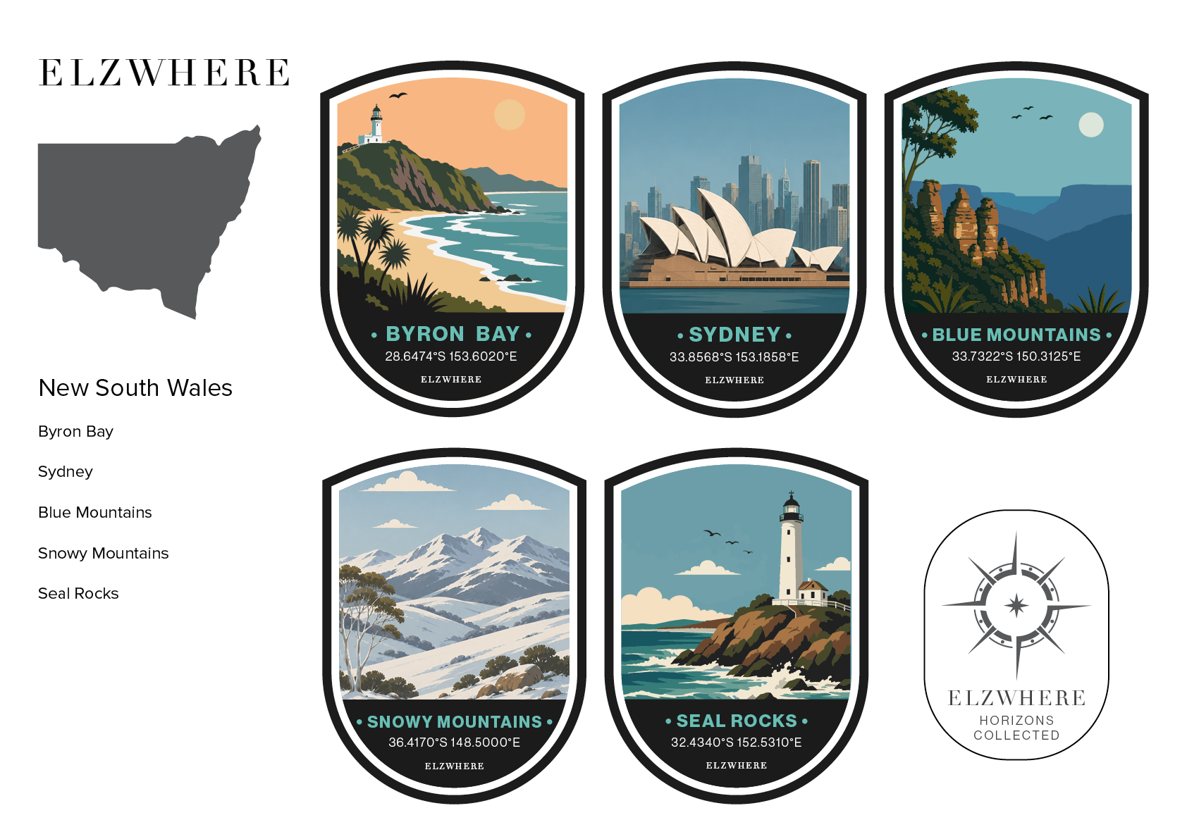 ELZWHERE destination sticker sheet featuring New South Wales landmarks