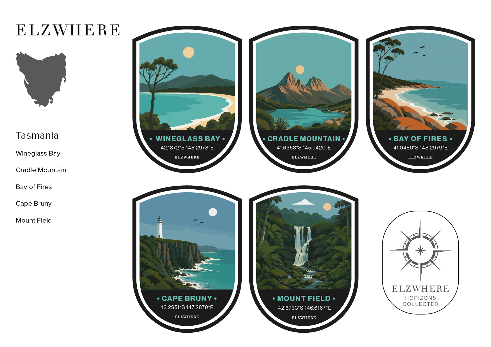 ELZWHERE destination sticker sheet featuring Tasmania landmarks