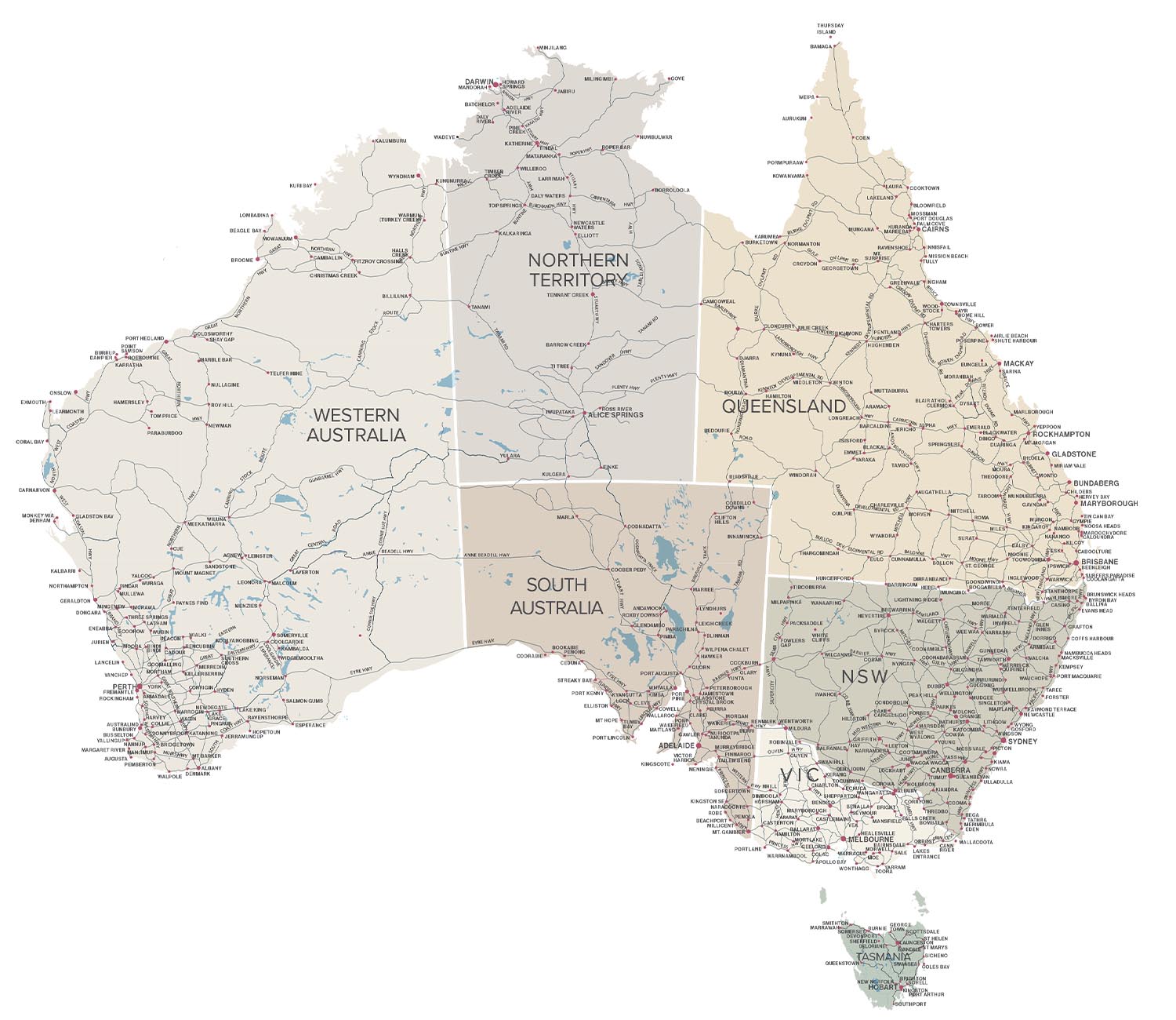 ELZWHERE Australia map decal Explorer style, transparent vinyl matte finish, maximum detail road and river map of Australia, UV-printed removable wall or caravan decal