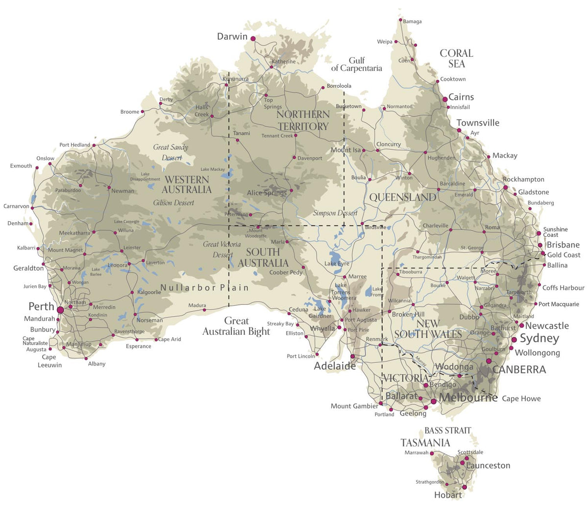 ELZWHERE Australia map decal Trekker style, transparent vinyl matte finish, detailed road map of Australia in earthy camouflage colourway, UV-printed removable wall or caravan decal