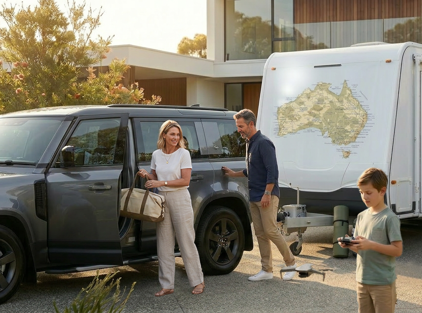 ELZWHERE Australian map decal on a caravan with a family standing beside their 4WD
