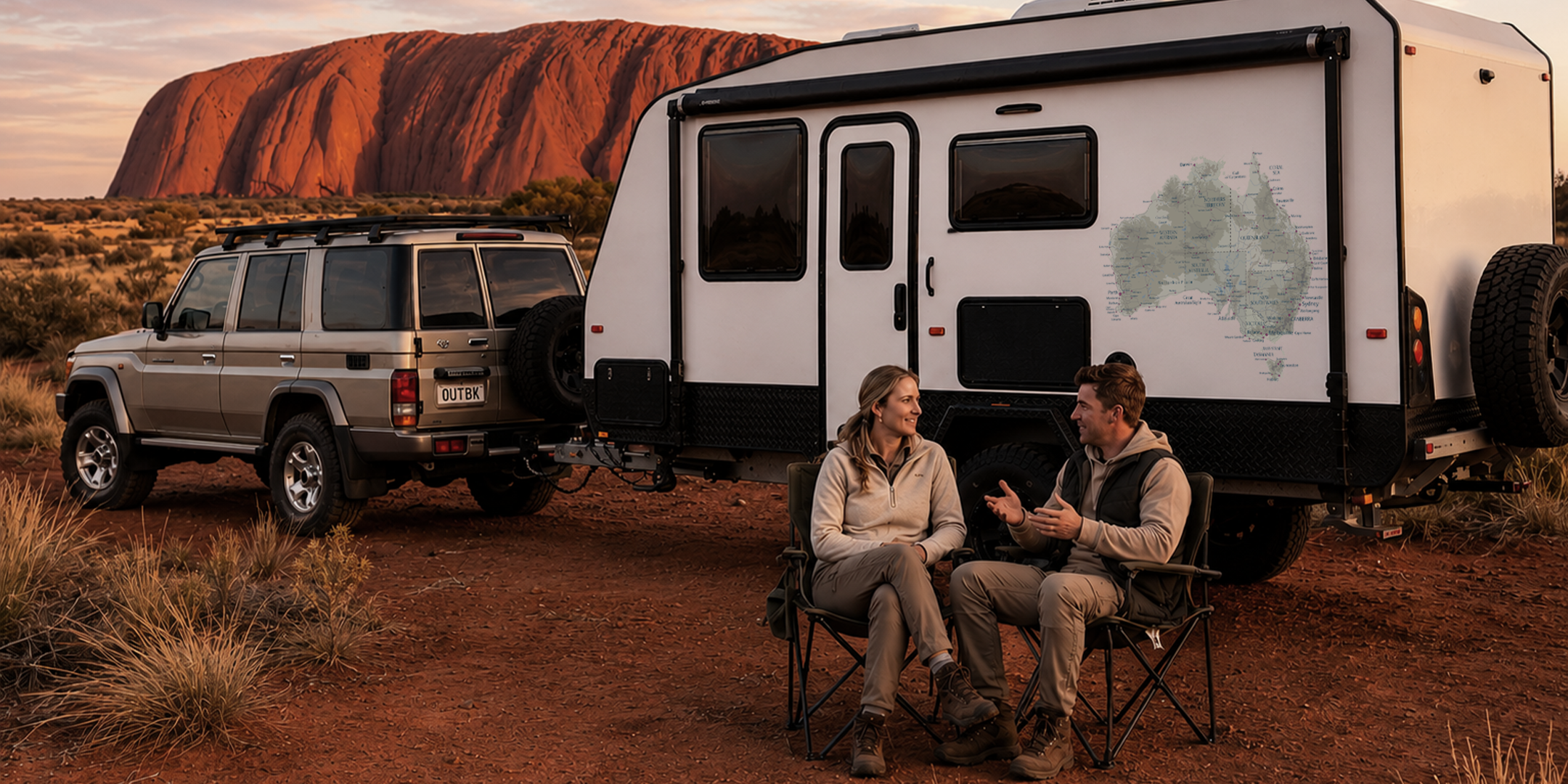 Couple relaxing beside their 4WD and caravan with ELZWHERE map decal near Uluru