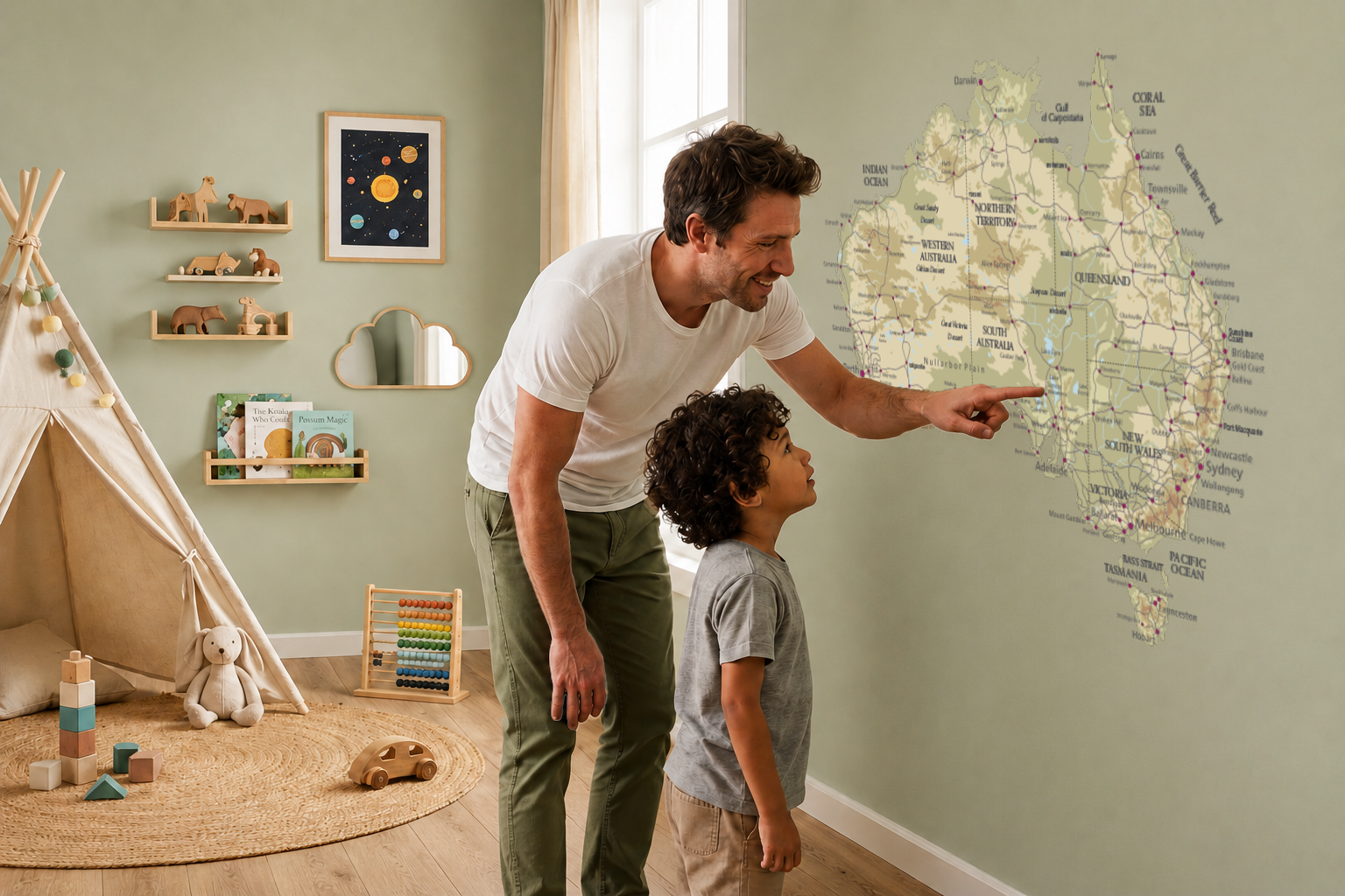 Father and son pointing at ELZWHERE map decal on a bedroom wall